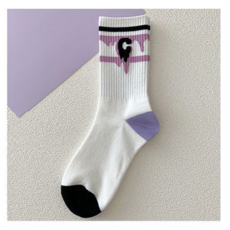 7 Pairs Purple Love Socks Fried Street Mid-tube Socks