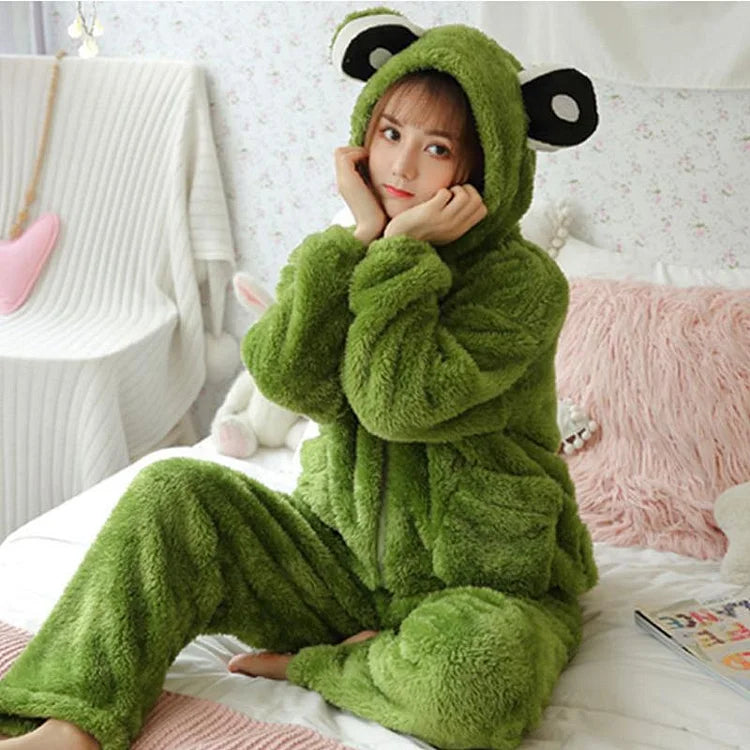 Cute Little Frog Coral Fleece Hooded Pajamas for Girls