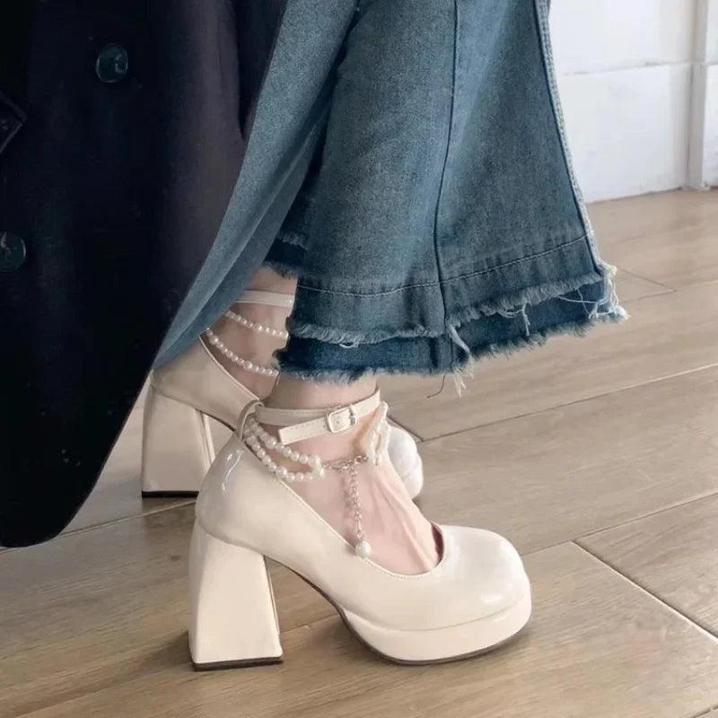 Pearl Lace Bow High Heels