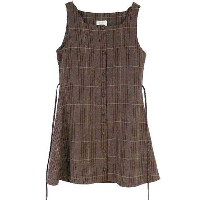 Cute Plaid Vintage Pinafore Mini Dress 2 Pieces