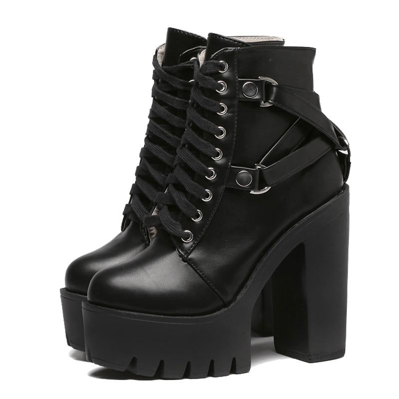 Gothic Black Boots Lace-up Platform Ankle High Heels Punk