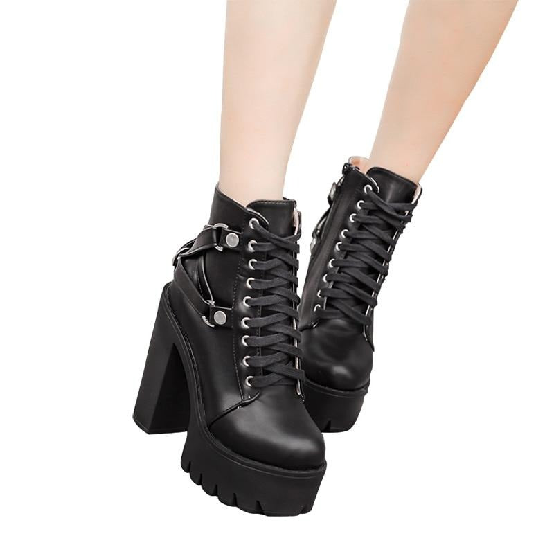 Gothic Black Boots Lace-up Platform Ankle High Heels Punk