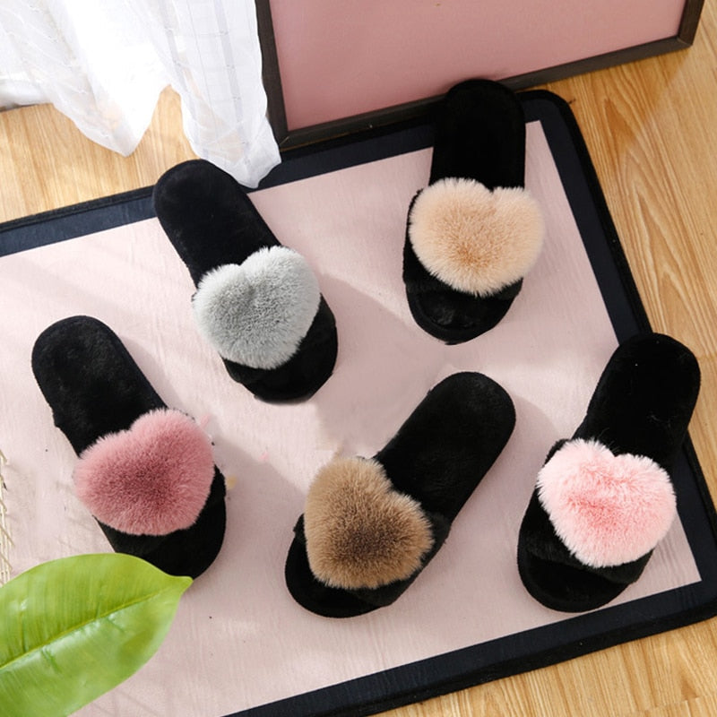 Cute Heart Plush Warm Suede Slippers