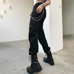 Alt E Girl Goth Black Metal Chain Cargo Pants