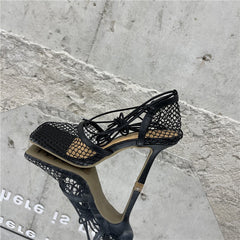 Mesh Square Toe Strap Pumps Sandals