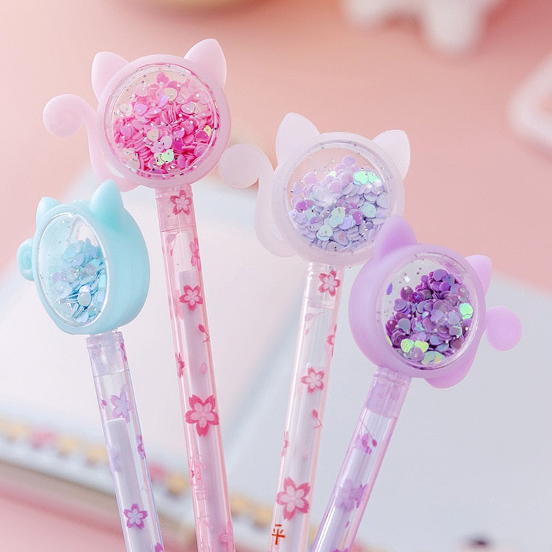 4 Pcs Stationery Kawaii Gel Pen Cat Glitter Design