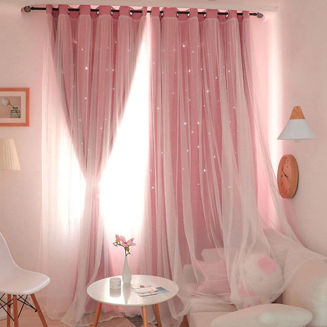 Cute Pink Window Curtain Hollowed Out Stars for Bedroom