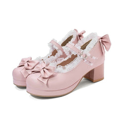 Girls Sweet Lolita Ruffles Bowknot Lace Bridal Wedding Shoes