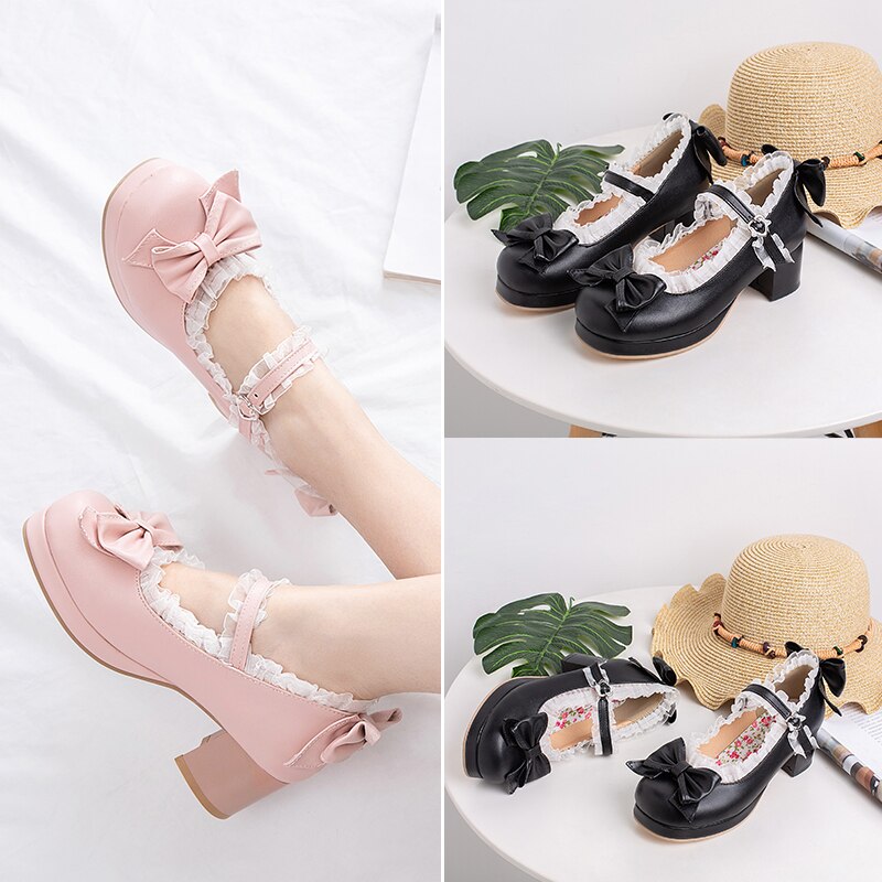 Girls Sweet Lolita Ruffles Bowknot Lace Bridal Wedding Shoes