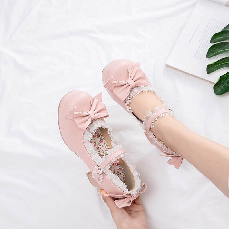 Girls Sweet Lolita Ruffles Bowknot Lace Bridal Wedding Shoes