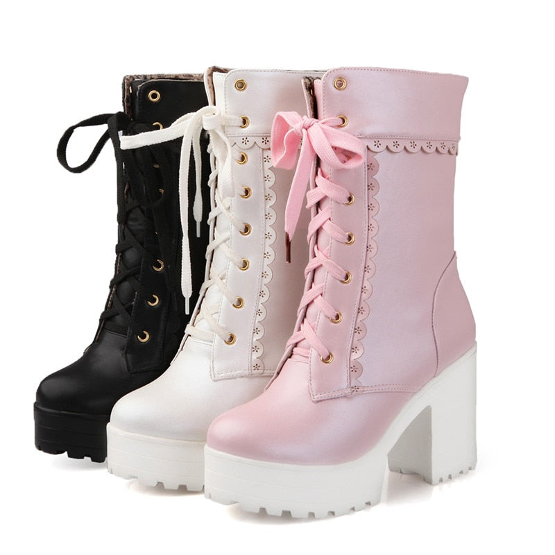 Pink Girl Lace Up Platform Boots