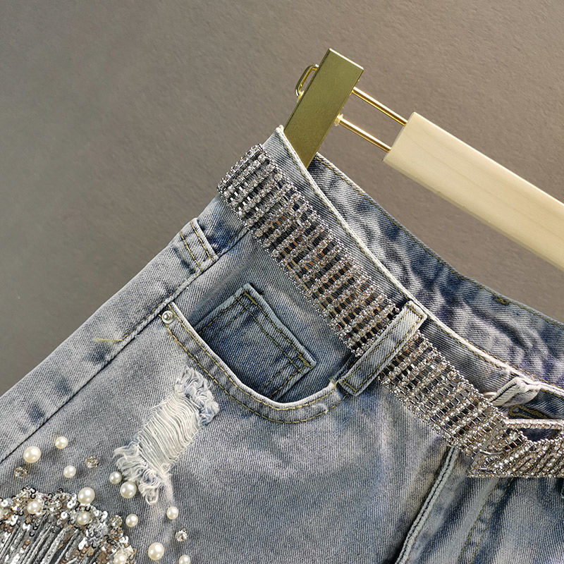 Summer Denim Shorts High Waisted Ripped Rhinestone Pearl Frayed Raw Hem Blue Jean Shorts