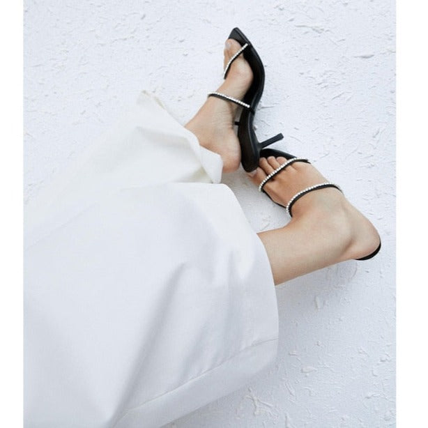 Black Square Head Rhinestone Sandals