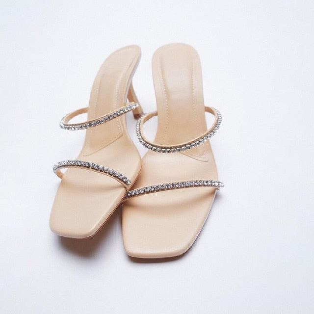 Black Square Head Rhinestone Sandals