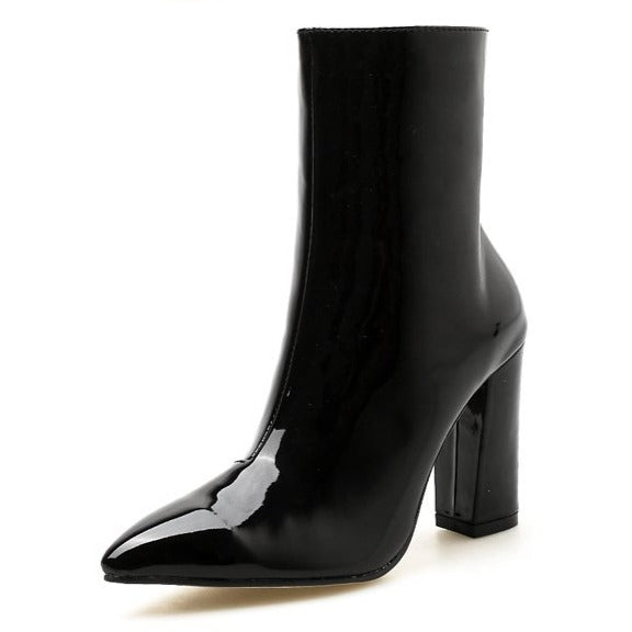 Pointed Thick Heel  Zipper Boots