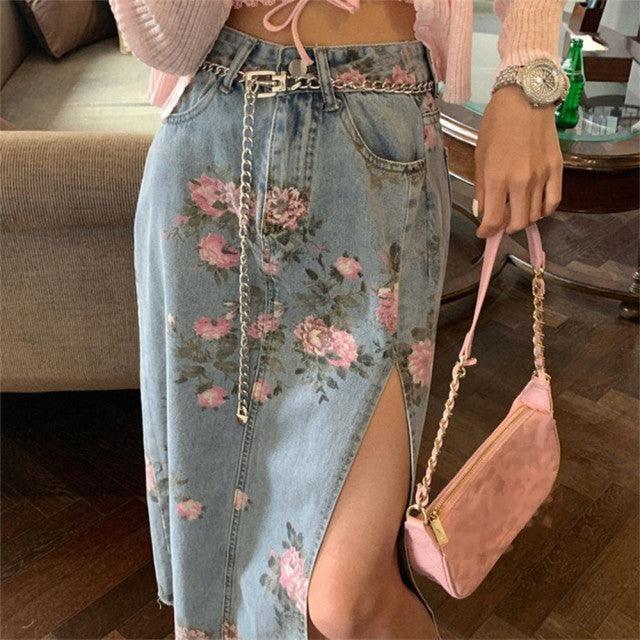 Embroidered Rose Split Denim Skirt