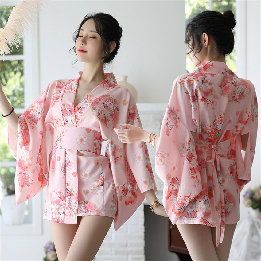 Japanese Kimono Dress Pink Sexy Cherry NightGown