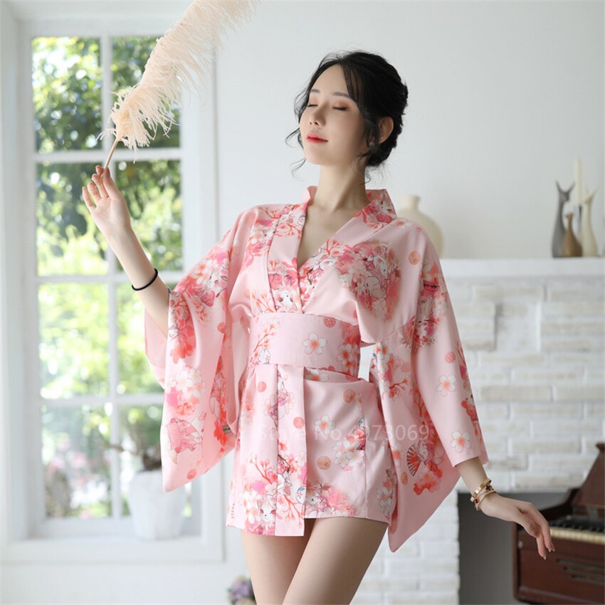 Japanese Kimono Dress Pink Sexy Cherry NightGown