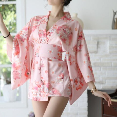 Japanese Kimono Dress Pink Sexy Cherry NightGown