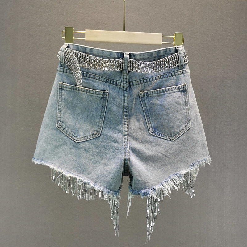 Summer Denim Shorts High Waisted Ripped Rhinestone Pearl Frayed Raw Hem Blue Jean Shorts