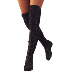 Thigh High Boots No Heel Winter Lace Up Zipper Boots for Over The Knee