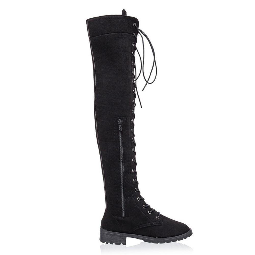 Thigh High Boots No Heel Winter Lace Up Zipper Boots for Over The Knee