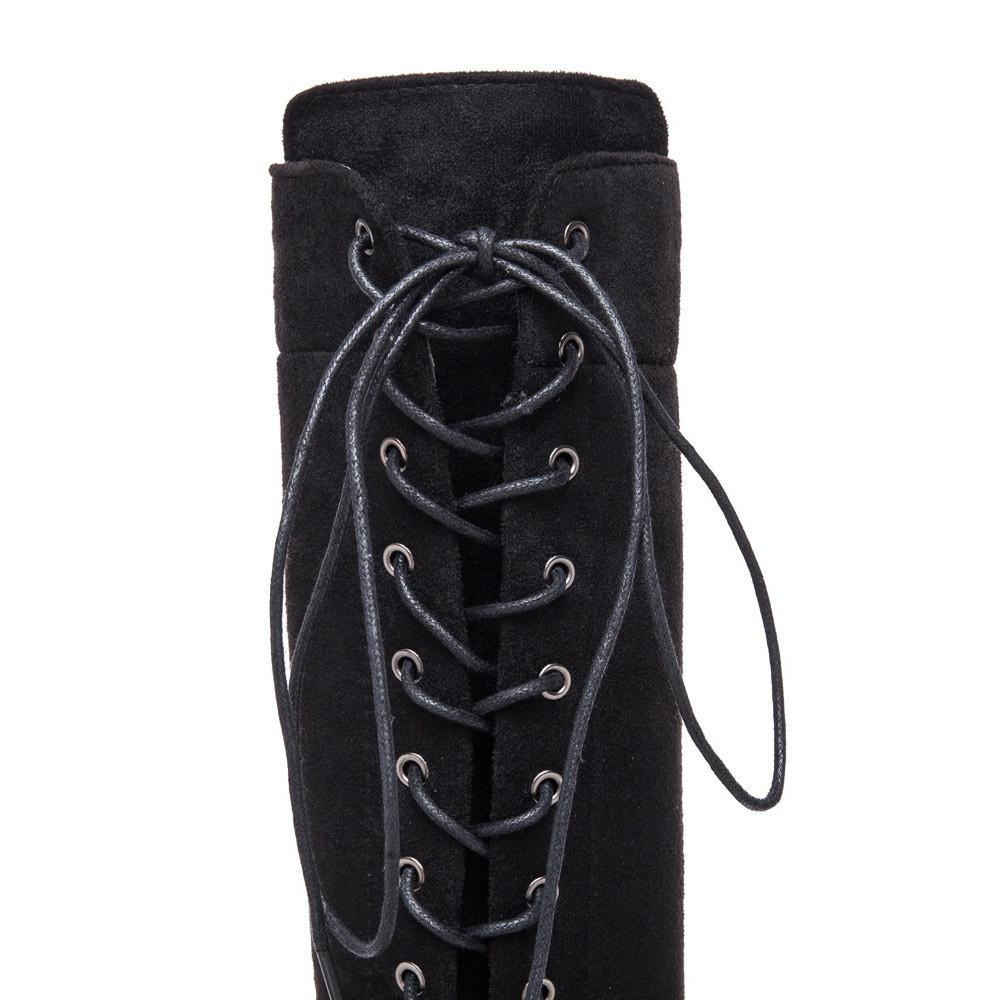 Thigh High Boots No Heel Winter Lace Up Zipper Boots for Over The Knee