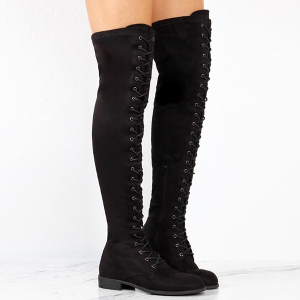 Thigh High Boots No Heel Winter Lace Up Zipper Boots for Over The Knee