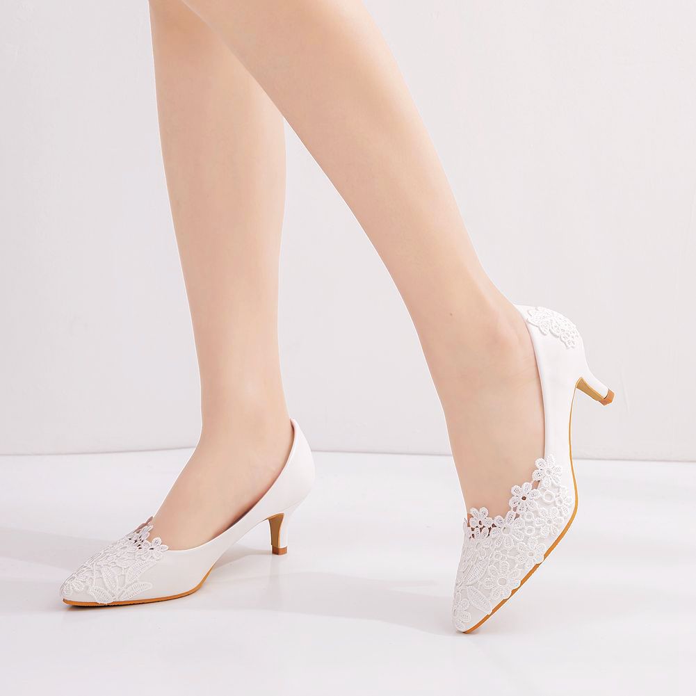 White Lace Flower Low Heel Wedding Shoes for Bride