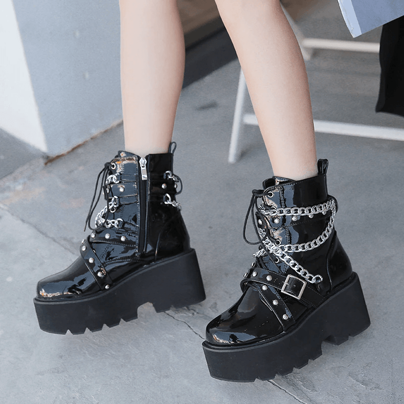 Goth Patent Ankle Boots Platform Chunky High Heel Lace Up Combat Boots Punk Short Booties