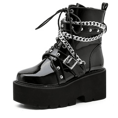 Goth Patent Ankle Boots Platform Chunky High Heel Lace Up Combat Boots Punk Short Booties