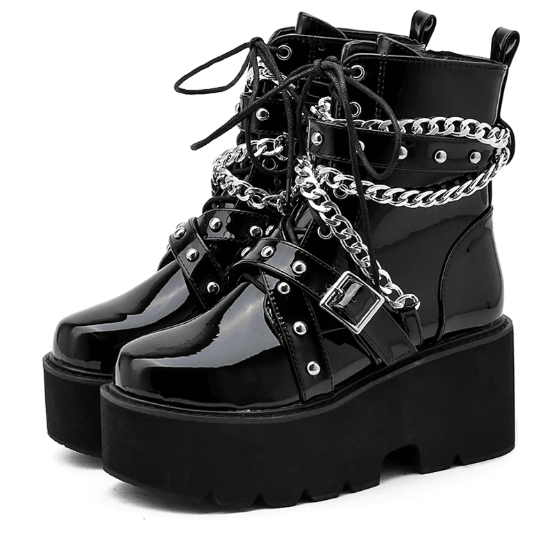 Goth Patent Ankle Boots Platform Chunky High Heel Lace Up Combat Boots Punk Short Booties