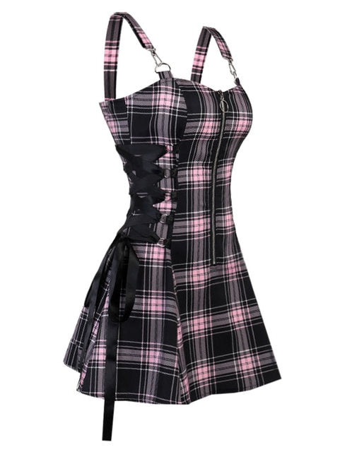 Straps Plaid Lace-up Gothic Zipper Dress