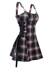 Straps Plaid Lace-up Gothic Zipper Dress