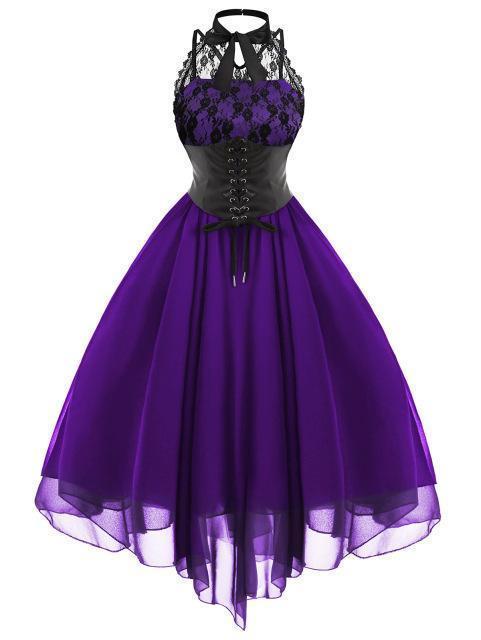 Gothic Dress Sleeveless with Corset Halter Lace Swing Cocktail Dress