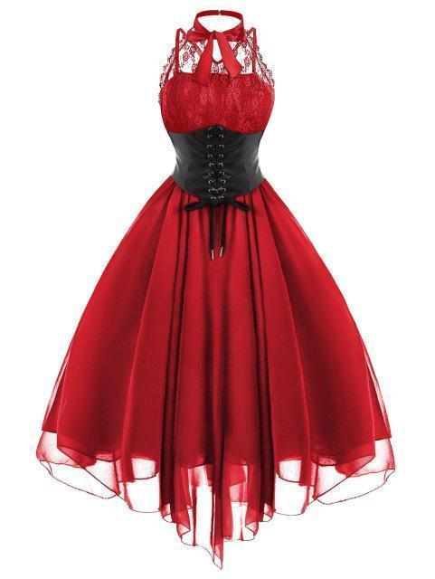 Gothic Dress Sleeveless with Corset Halter Lace Swing Cocktail Dress