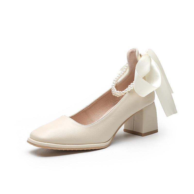 Wedding Shoes for Bride Elegant Pearl Square Toe Mary Jane Shoes