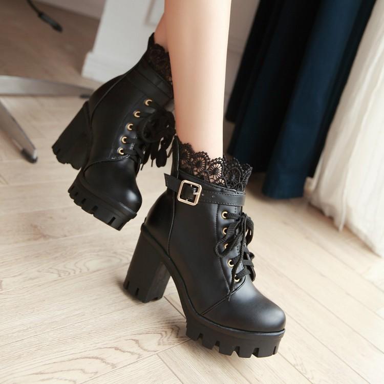 White Black Lace Up Ankle Boots