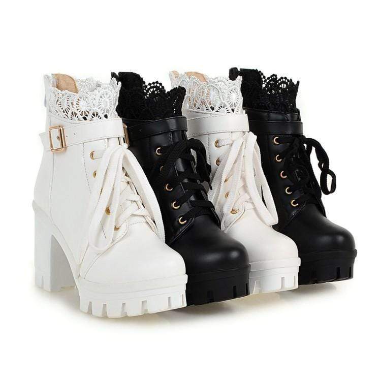 White Black Lace Up Ankle Boots