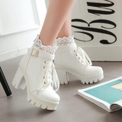 White Black Lace Up Ankle Boots