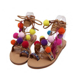 Embroidered Tie Up Pom Pom Sandals