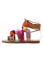Embroidered Tie Up Pom Pom Sandals