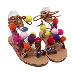 Embroidered Tie Up Pom Pom Sandals