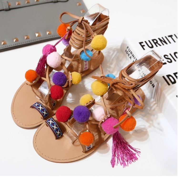 Embroidered Tie Up Pom Pom Sandals