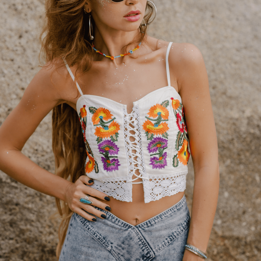 Cosmic Bloom Lace Up Tank