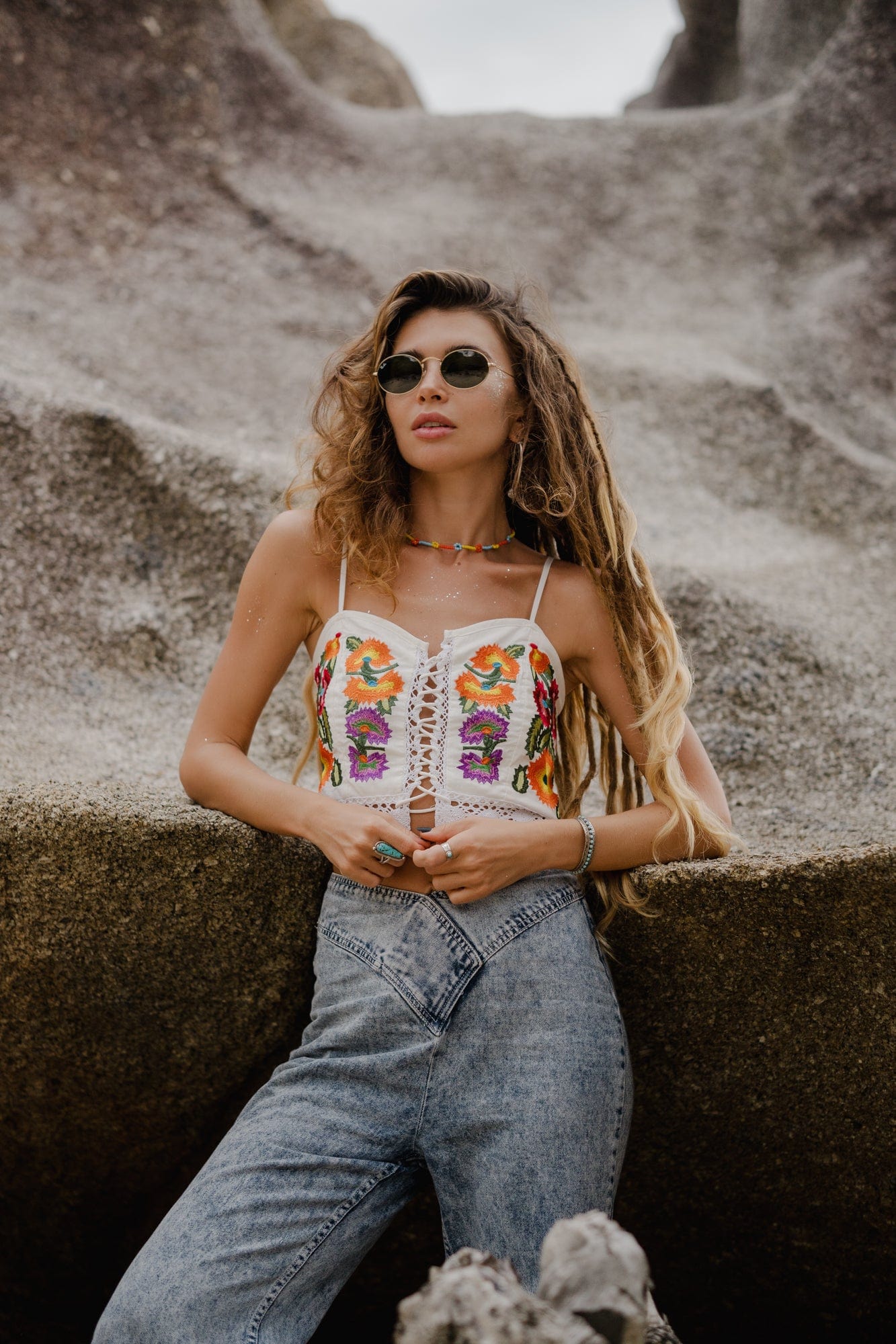 Cosmic Bloom Lace Up Tank