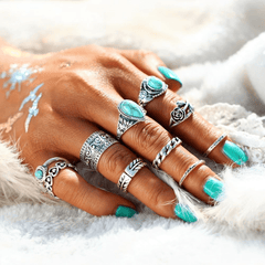 Turquoise Rose Ring Set 10 pcs