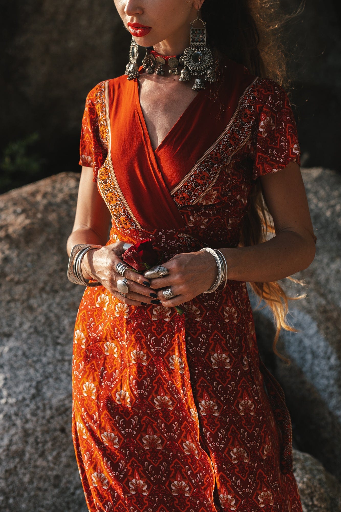 Pandora Red Vintage Floral Wrap Maxi Dress
