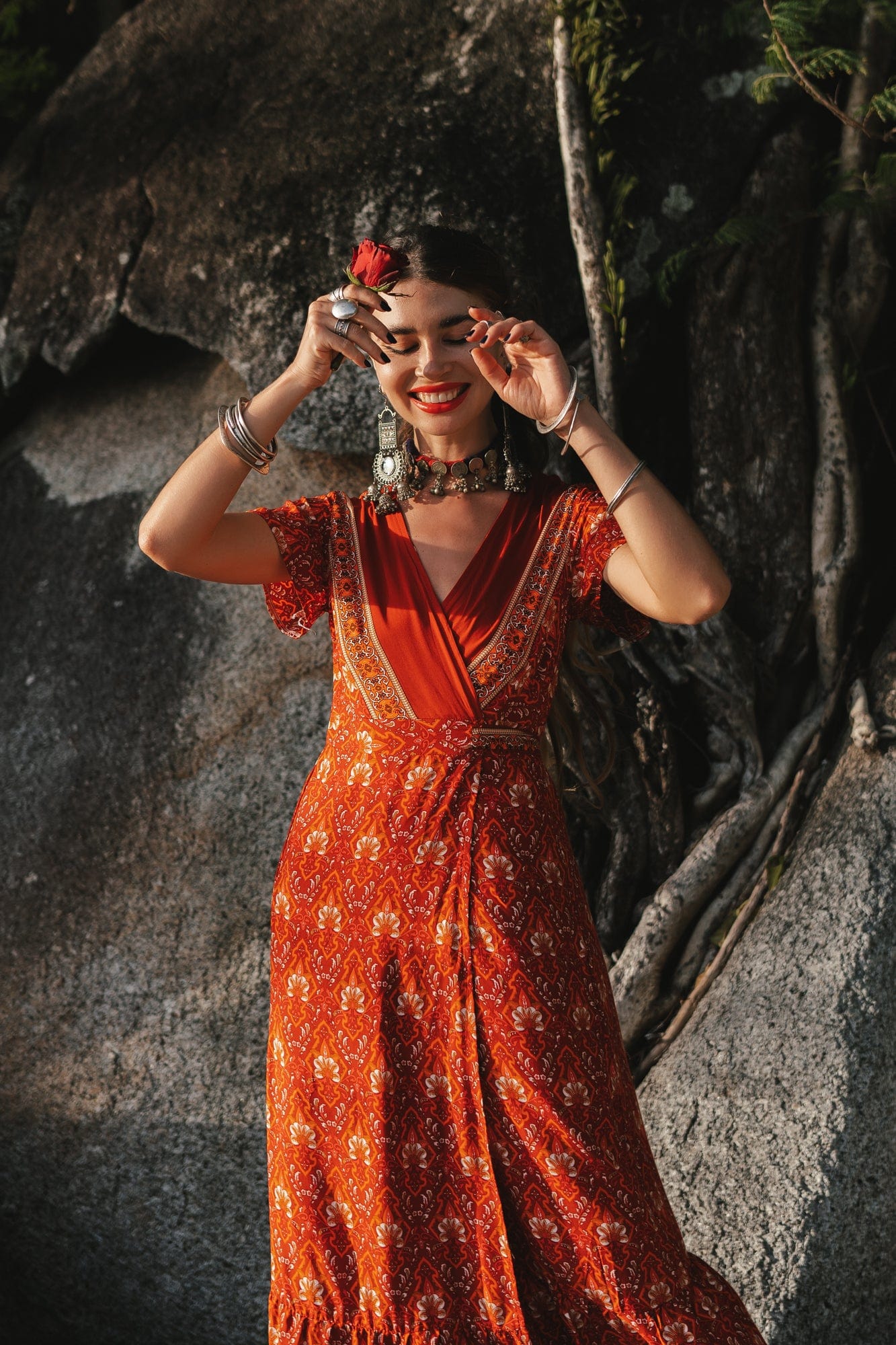 Pandora Red Vintage Floral Wrap Maxi Dress