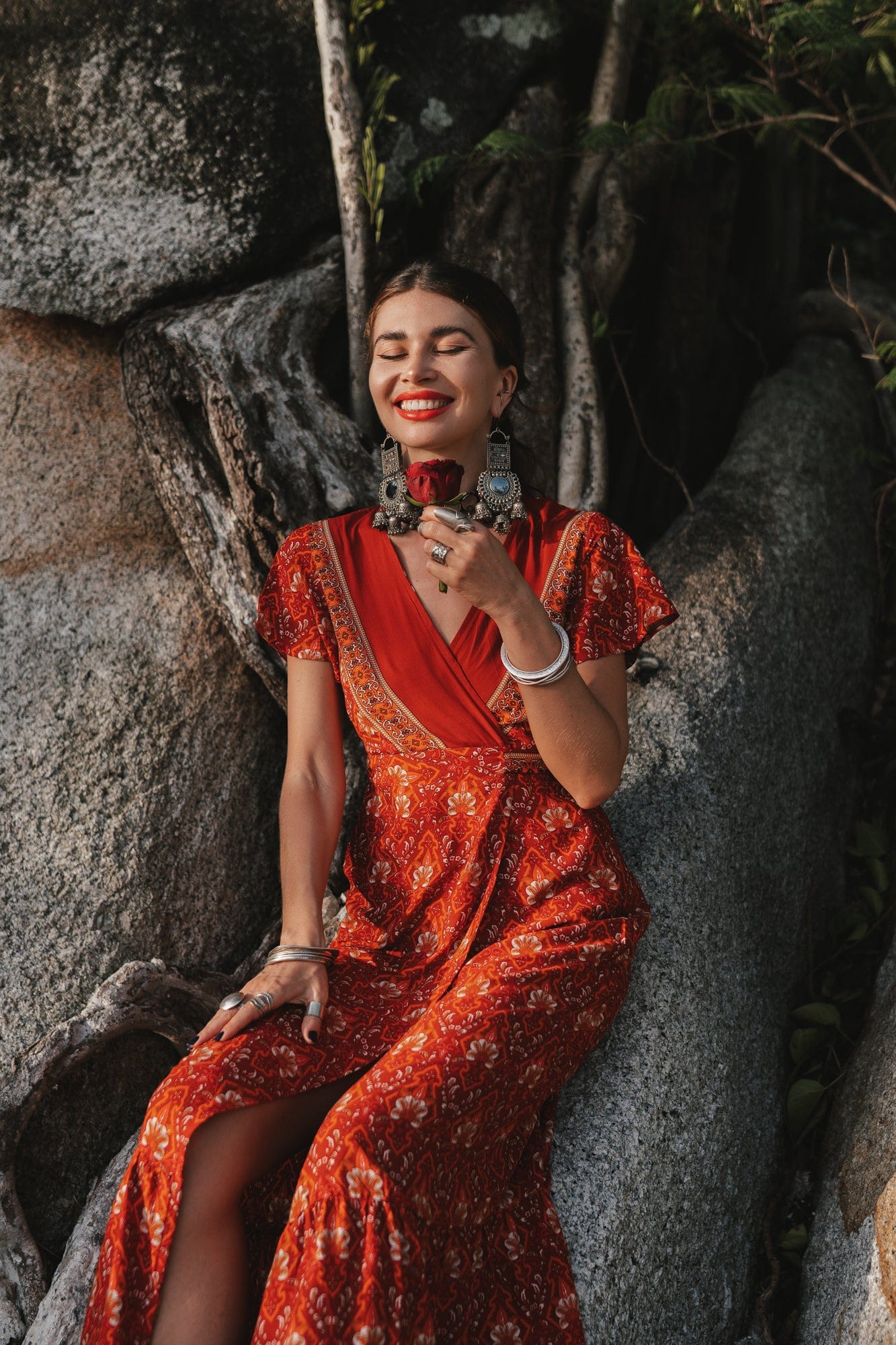 Pandora Red Vintage Floral Wrap Maxi Dress